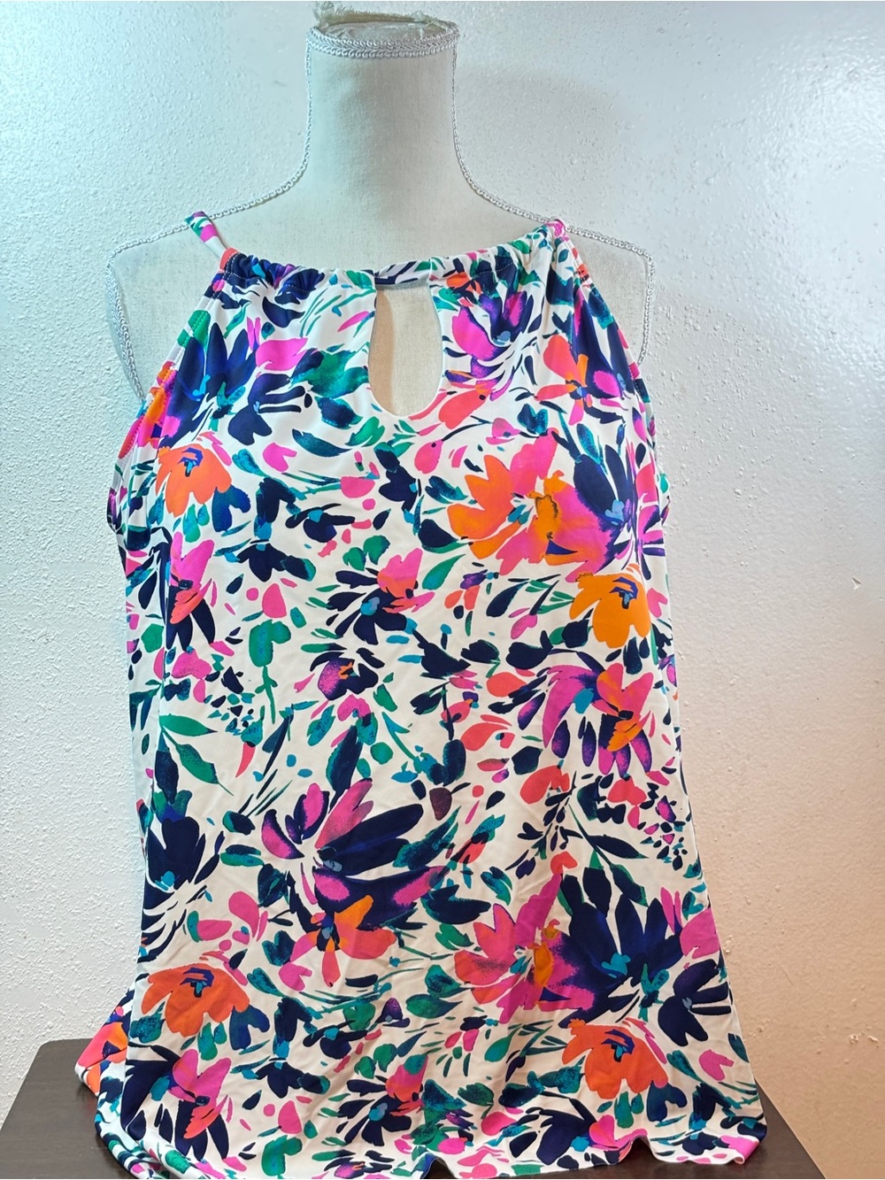 Island Escape White Floral Swim Tankini with Pink, Orange & Blue Accents